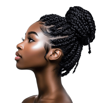 Portrait of a woman with intricate braided hairstyle against a simple background in natural light, portrait of a black african woman with curly long braids bun hair isolated on transparent background png