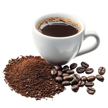 Freshly brewed black coffee with beans and ground coffee powder beside it, Black coffee, coffee beans and coffee powder png