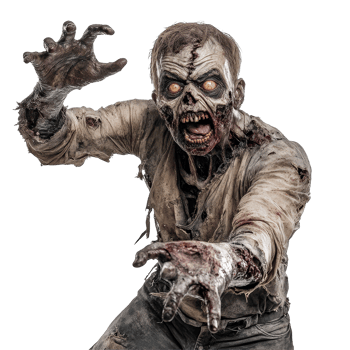 A terrifying zombie lunges forward to catch its unsuspecting victim in a darkened, eerie setting at night, Scary Zombie about to catch his victim isolated on transparent background png