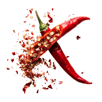 Crushed red chili pepper scattered alongside whole peppers on a clean transparent background showcasing vibrant colors and textures, Crushed red chili pepper on transparent background png