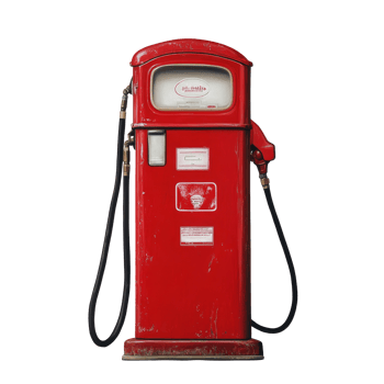 A vintage red gasoline pump stands prominently in a welllit garage setting, showcasing its unique design and charm, Red gasoline pump png