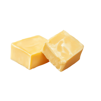 Two pieces of butter melt together on a light background, showcasing their creamy texture and delicious appeal, Two pieces of butter melting isolated png