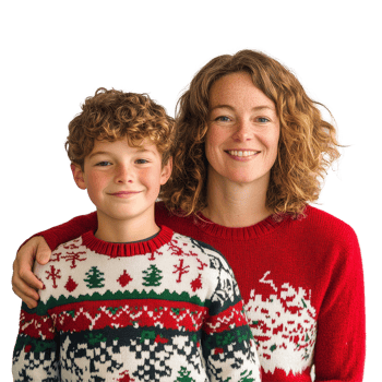 Mother and son wearing festive Christmas sweaters together against a transparent background, Mother and Son in Christmas Sweaters On transparent background png