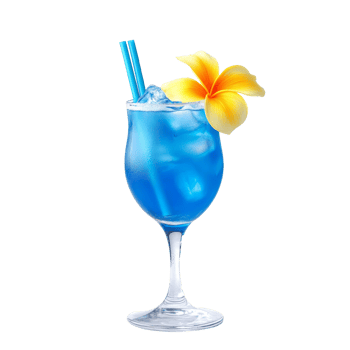 Refreshing blue hawaii cocktail with tropical flower and straws against a transparent background, blue hawaiis cocktail isolated on transparent background png