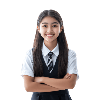 Happy Asian student girl in school uniform smiling confidently with arms crossed in a bright classroom setting, Happy braces Asian student girl in school uniform arm crossed png