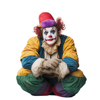 A colorful clown crouches in a playful pose, bringing joy to a transparent background with vibrant attire and a friendly expression, clown isolated on transparent background png