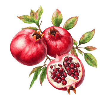 Delicious ripe pomegranate branch with red fruit on transparent background, showcasing its juicy interior, Branch of delicious Pomegranate on whtie background cutouts png