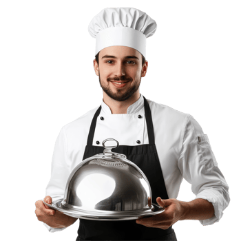 Waiter presenting a stainless steel cloche on a transparent background in a professional dining setting, Waiter with Stainless Steel Cloche Isolated on transparent background png