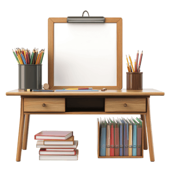 Study desk and board set isolated against a transparent background for a cozy learning environment, Study Desk and Board Set Isolated on transparent background png
