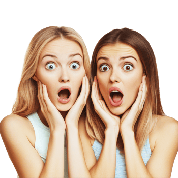 Two amazed young women expressing surprise with hands on faces in a bright indoor setting, two amazed young women friends, file of isolated object on transparent background png