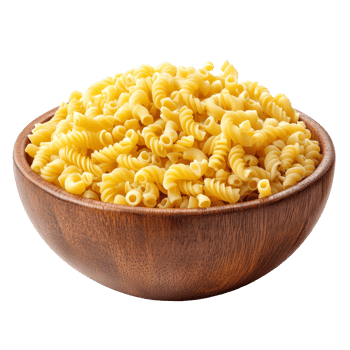 A rustic wooden bowl filled with raw macaroni gomiti pasta, perfect for a cozy cooking experience, Pile of raw Macaroni Gomiti Pasta in wood bowl isolated on transparent background png