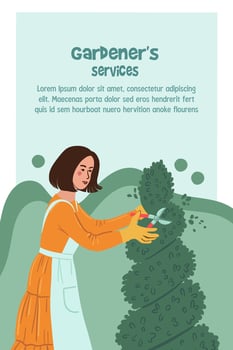 Vertical banner offering a gardening service. Woman trimming a thuja tree. vector