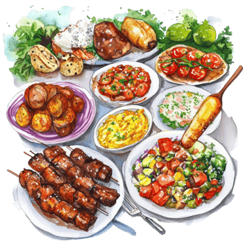 A vibrant watercolor illustration of traditional Brazilian food spread on a transparent background, delicious brazilian food transparent background big png