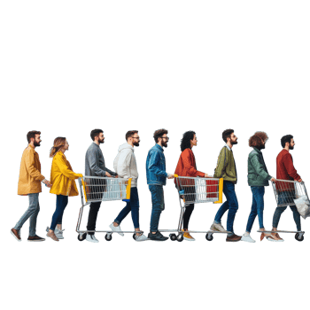 A diverse group of people pushing shopping carts together in a vibrant, modern setting, diverse people pushing a shopping cart png