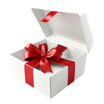 A transparent gift box with a red bow, beautifully arranged and ready for special occasions or celebrations, transparent color open gift box with gold ribbon isolated png