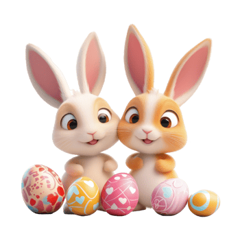 Cute cartoon Easter bunnies with colorful eggs create a festive atmosphere on a transparent background, 3D Cartoon Easter Bunnies with Eggs on transparent background png