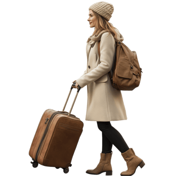 Fashionable woman traveling with stylish luggage during winter in a modern urban setting, file no background Fashionable woman traveling and pulling a trolley bag png