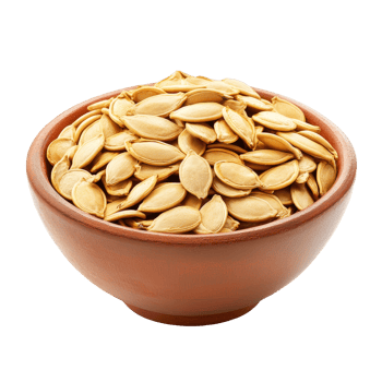A natural bowl of roasted pumpkin seeds isolated on a transparent background ready for snacking or cooking, Pumpkin seeds in a bowl isolated on transparent background png
