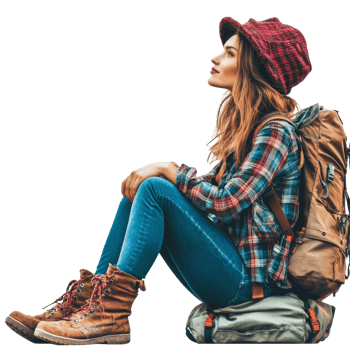 Traveler woman sitting on a backpack, enjoying a moment of reflection during her outdoor adventure in nature, file no background Traveler woman sitting and taking a break png