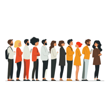 Diverse individuals patiently waiting in line, showcasing unity and inclusion in a contemporary setting, file no background Diverse people waiting patiently in line png
