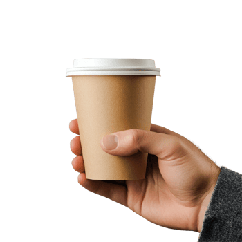 A man holds a coffee paper cup mockup in his hand against a soft gray background, Male Hand Holding Coffee Paper Cup Mockup Isolated on Light Grey Background png