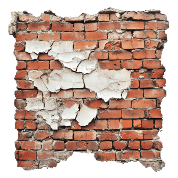Weathered red brick wall with cracked plaster revealing the underlying brick structure, highlighting age and decay, Ruined, collapsed, cracked, or broken weathered red brick wall transparent png