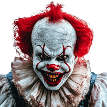 Sinister clown with bright red hair and menacing expression isolated on transparent background, Scary Clown Isolated on transparent background png