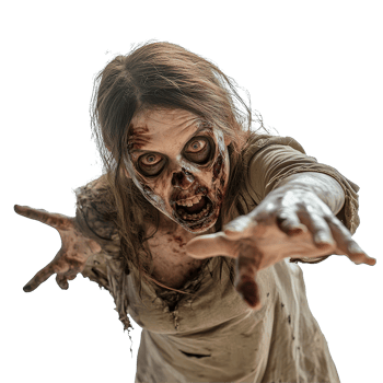 Creepy zombie woman reaching out with an intense expression against a plain transparent background, Zombie Woman Reaching Out on transparent background png