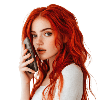 A young woman with vibrant red hair talking on her phone against a simple transparent background, Redhead with Phone on transparent background png