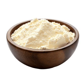 Whey protein powder displayed in a wooden bowl on a plain transparent background for fitness and nutrition, whey protein in a wood bowl on transparent background png