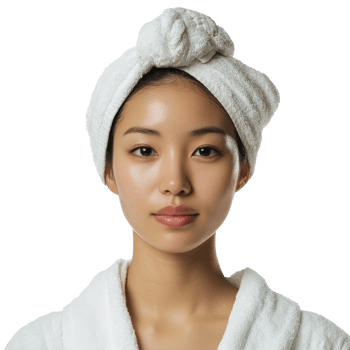 Asian woman with a towel wrapped around her head relaxing in a calm, bright setting, Asian Woman with Towel Wrapped Around Head Isolated on transparent background png