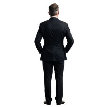 Businessman in formal attire standing with hands behind his back, gazing at a city skyline during early morning hours, Corporate businessman standing back view file no background png