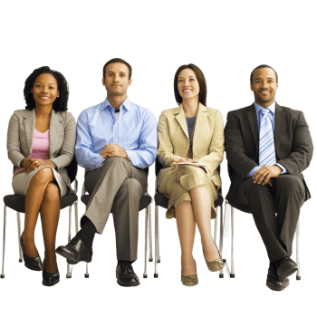 Diverse individuals seated in a waiting area for an interview at a professional setting, file no background Diverse people waiting for a job interview png
