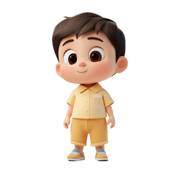 A cheerful cartoon child dressed in a yellow outfit stands on a transparent background, 3d cartoon of little child isolated on transparent background png