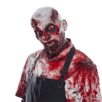 A terrifying zombie in a bloody apron against a stark transparent background, perfect for horrorthemed events and decorations, Scary zombie wearing a bloody apron on transparent background png