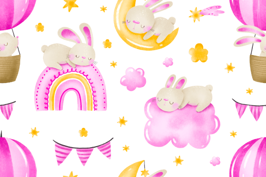 Watercolor seamless pattern cute rabbit and hot air balloons. Bunny in sky, clouds, rainbow, moon, stras. Pinky girl Baby holiday, birthday. Infant hand drawn illustration. Baby shower png