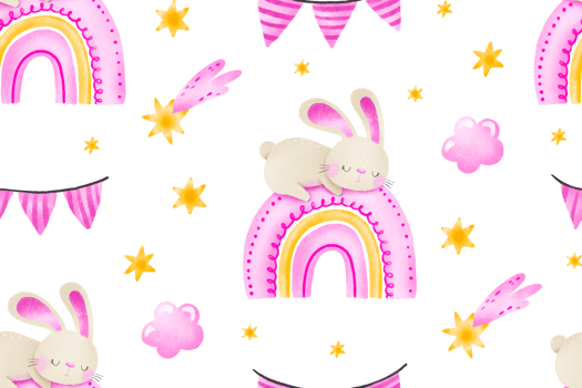 Seamless pattern newborn infant rabbit sleeping on rainbow, Girly pink watercolor pattern for newborn girl. Nursery background, bedroom pattern png