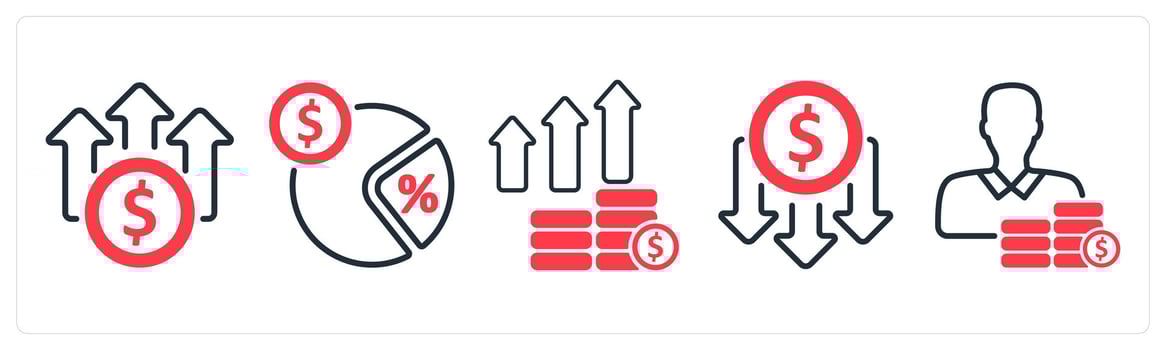 A set of 5 business icons as high cost, tax rate, business profit vector