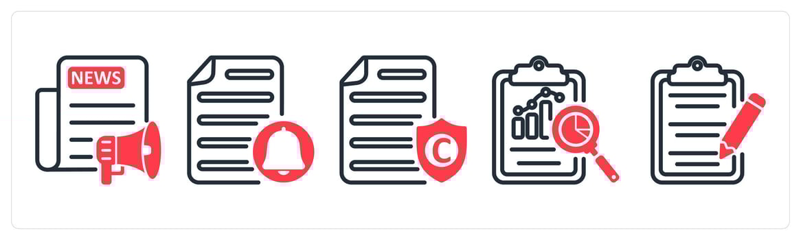 A set of 5 business icons as press release, file notification, copyright protection vector