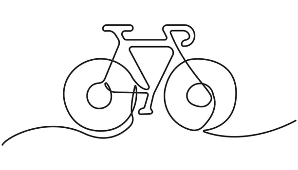 One line continuous bike sports symbol concept. Fitness healthy lifestyle bicycle biking activity. Digital white single line simple minimalist vector