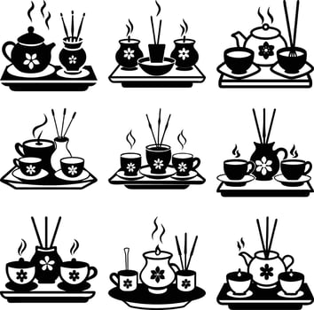 Black and White Tea Ceremony Sets with Floral Designs on a Serving Tray, Steaming Liquid vector