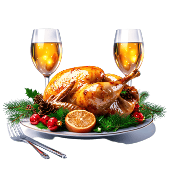Roasted Turkey with Wine and Decorations Transparent Background png