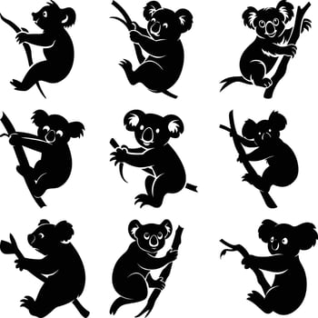 Koala Silhouette Set on Branches, Animal Icons on Transparent Background vector