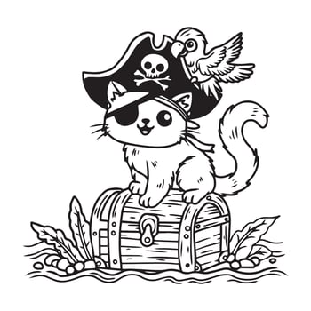 Pirate cat sitting on a treasure chest. Black and white illustration to colour. vector