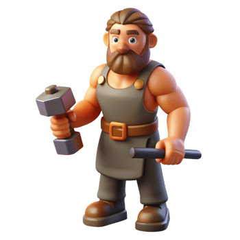 extraordinary contemporary Hephaestus, God of the Forge, holding a hammer, high quality png