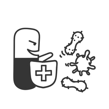 a cartoon capsule character holding shield vs virus vector