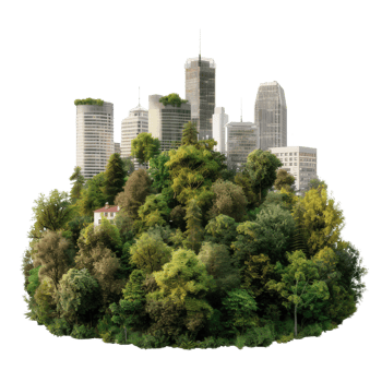 Urban Jungle Blending Nature and Architecture in a Harmonious Green Cityscape png
