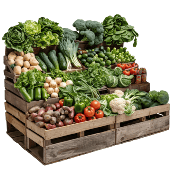 Fresh Organic Vegetables Displayed in Wooden Crates at a Market Stall png