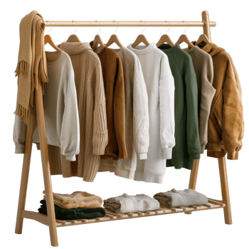 Cozy Collection of Sweaters and Sweats on Wooden Rack for Fashion and Styling Inspiration png