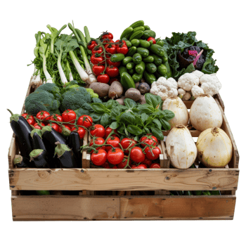 Fresh Harvest of Colorful Vegetables in a Wooden Crate Displaying Healthy Food Choices png